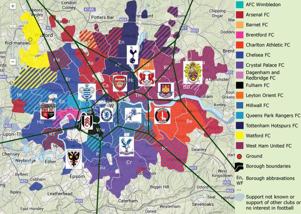 Londýnské fotbalové týmy mapě